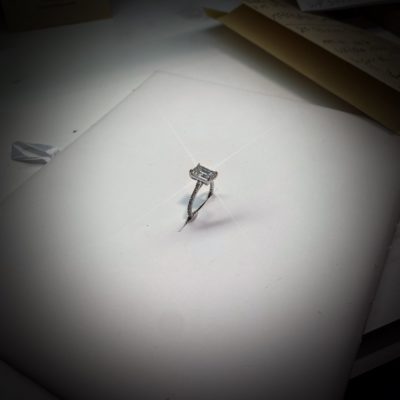 3ct lab grown emerald cut with diamonds in the shank